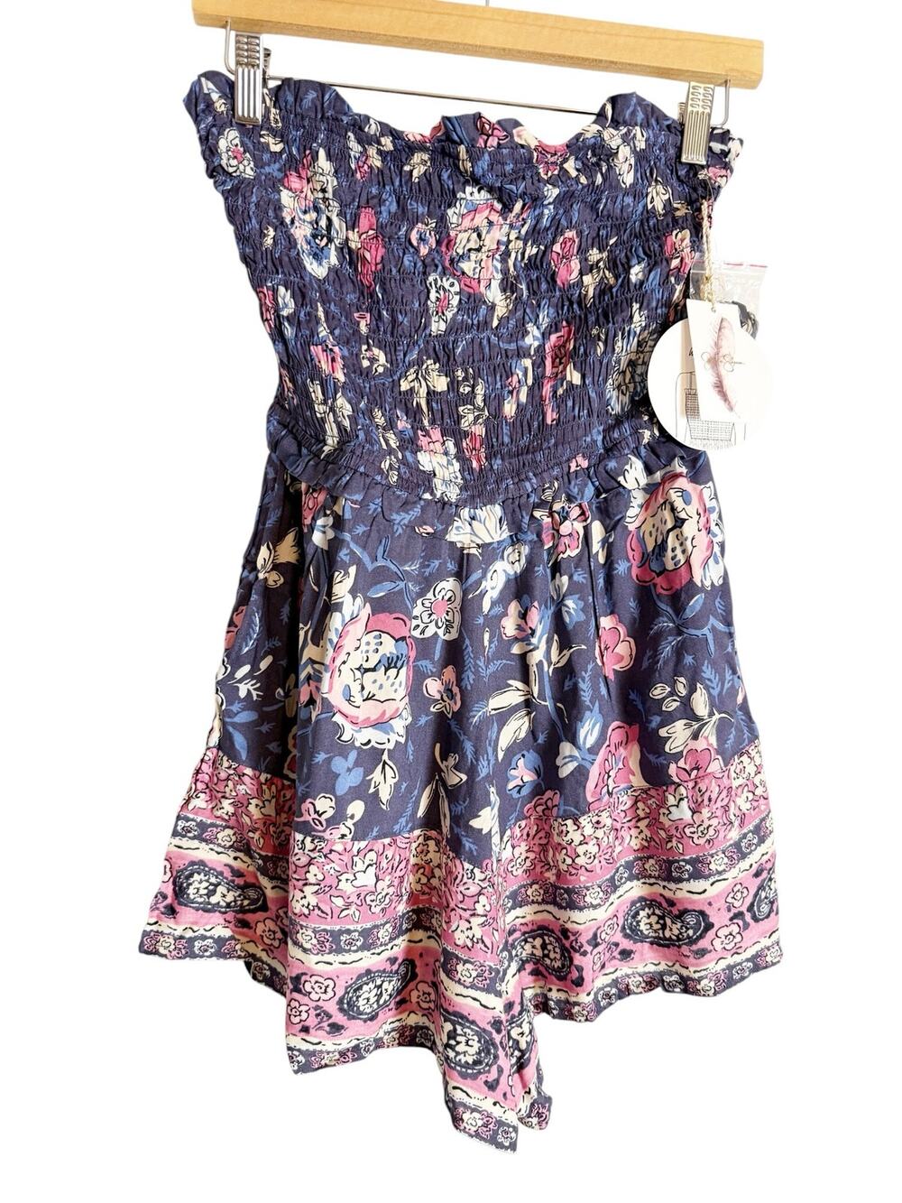 Jessica Simpson Navy Blue Pink Floral Print Boho Strapless Smocked Romper Size S